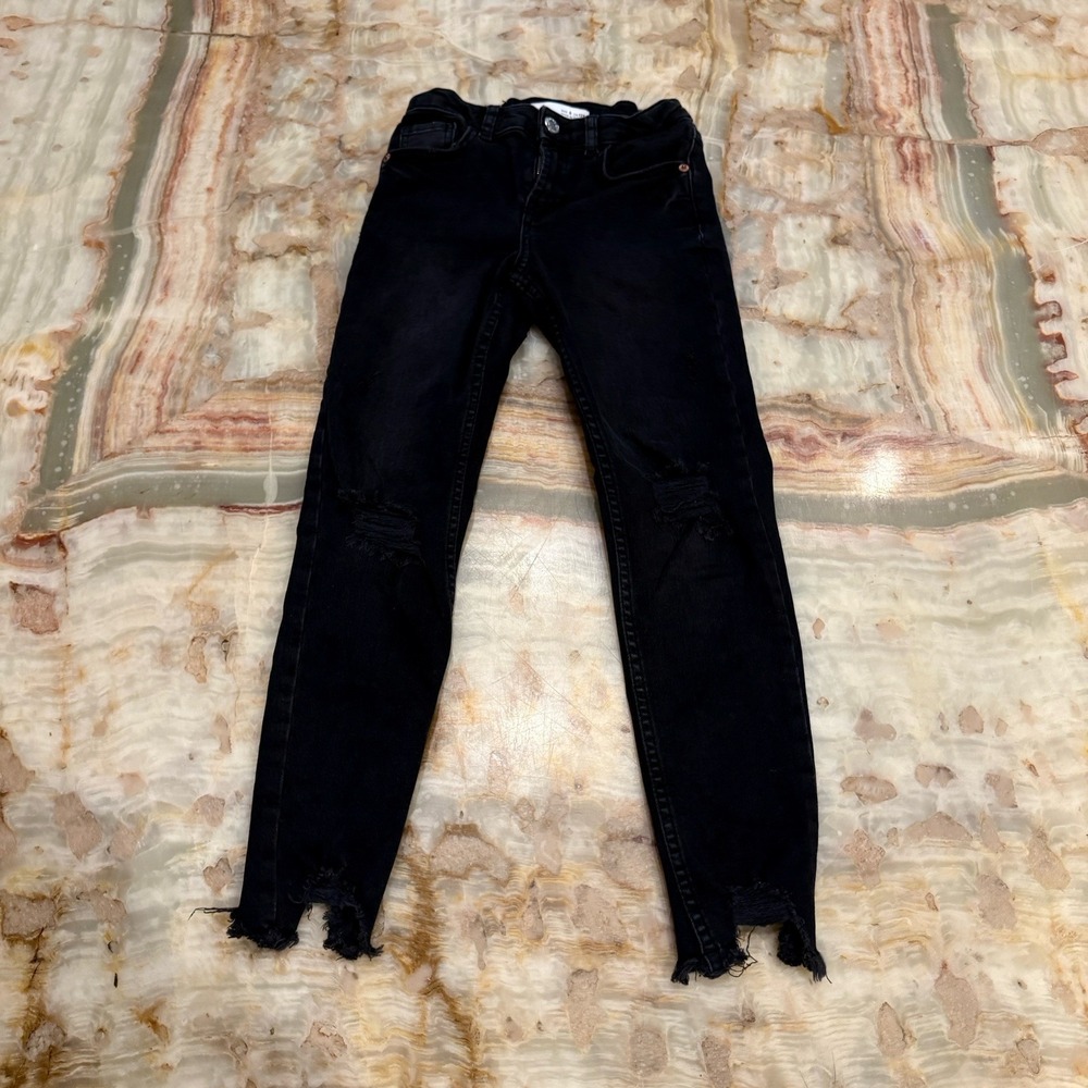 Zara Girl's Black Distressed Skinny Jeans Raw Hem Stretch Denim Size